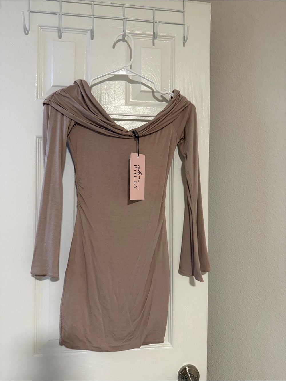 Oh Polly Taupe Off-Shoulder Long Sleeve Bodycon Dress